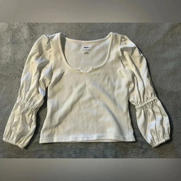 Anthropologie Maeve Ribbed Top | Tiered Satin Sleeves | XS | White - Picture 1 of 8